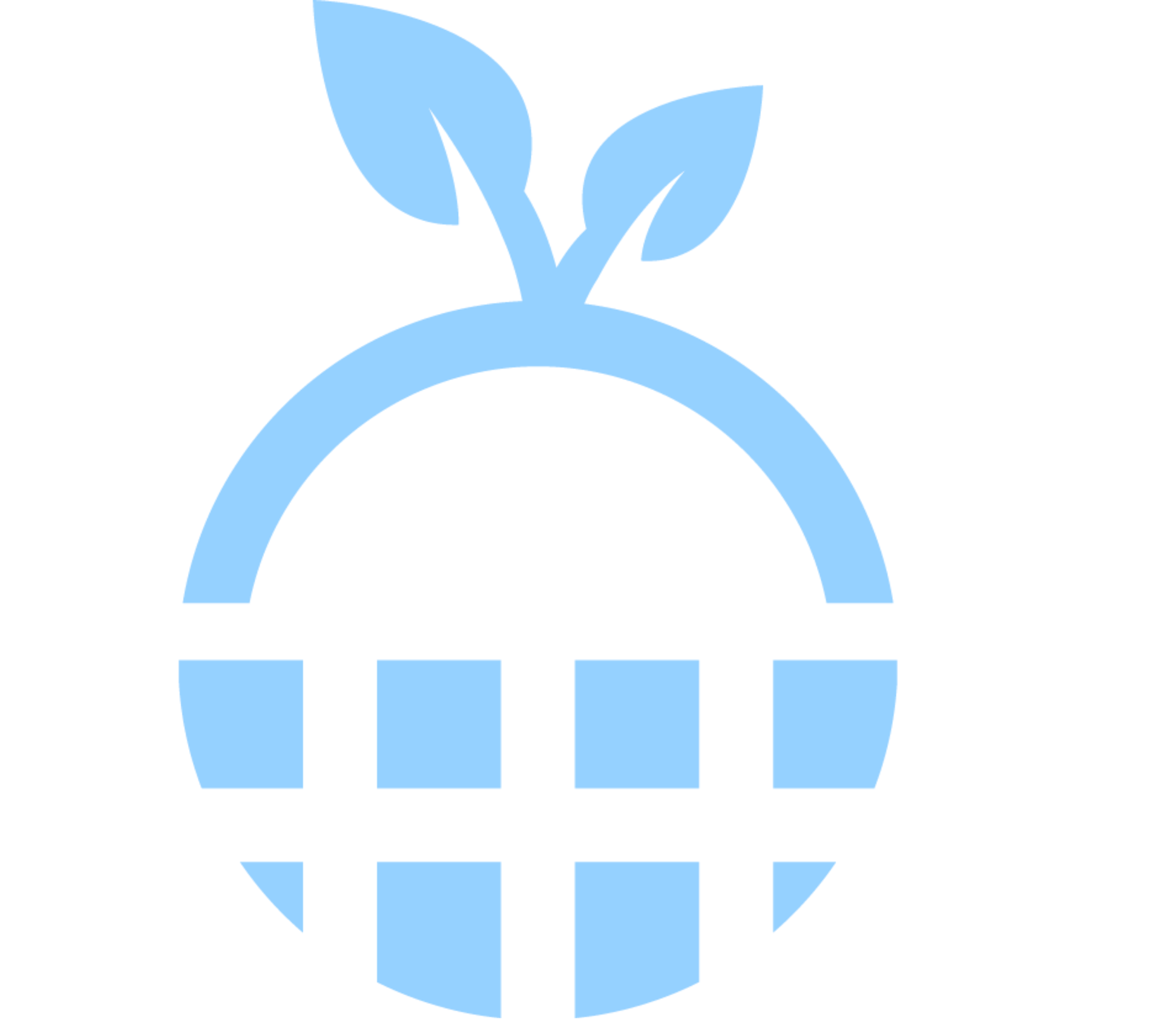 A light blue icon of a circular basket with a grid pattern and two leaves sprouting from the top.