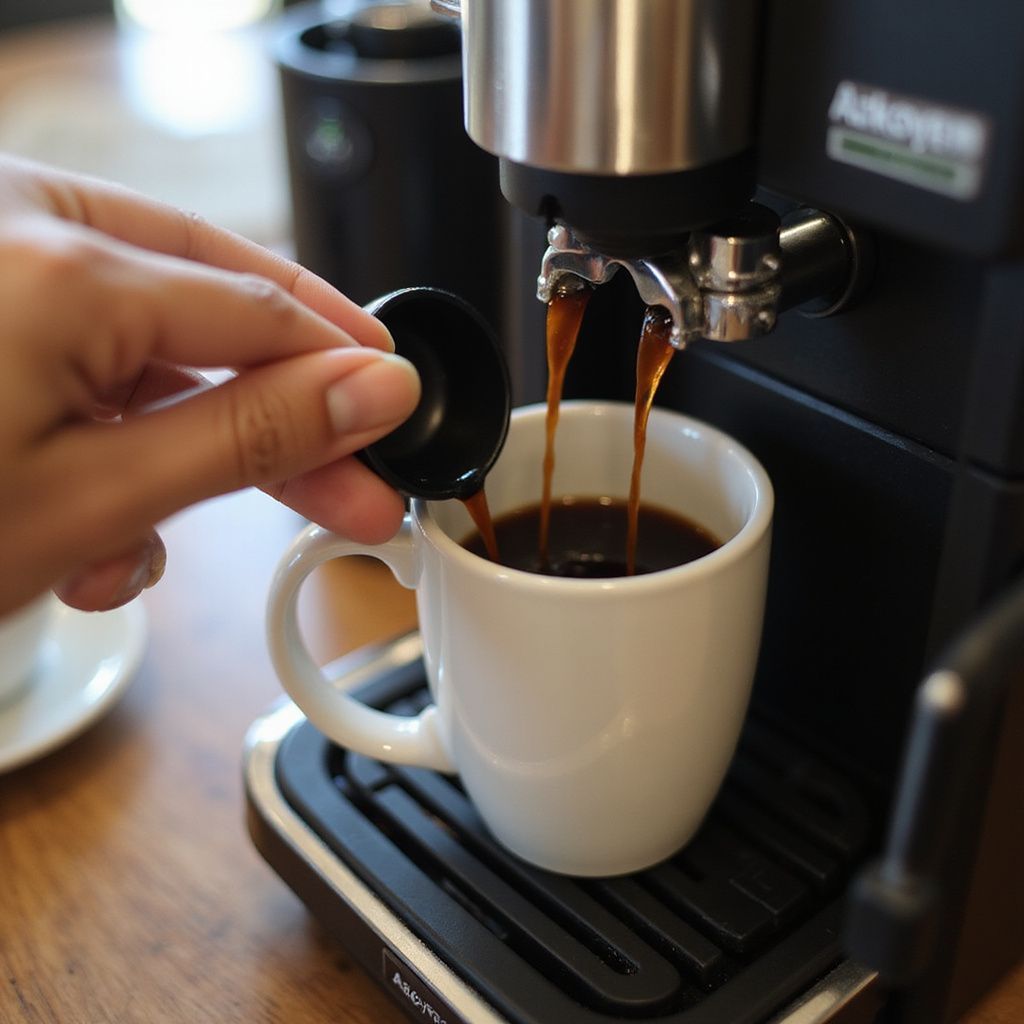 A person holds a small scoop over a white coffee mug while an espresso machine dispenses coffee into it.