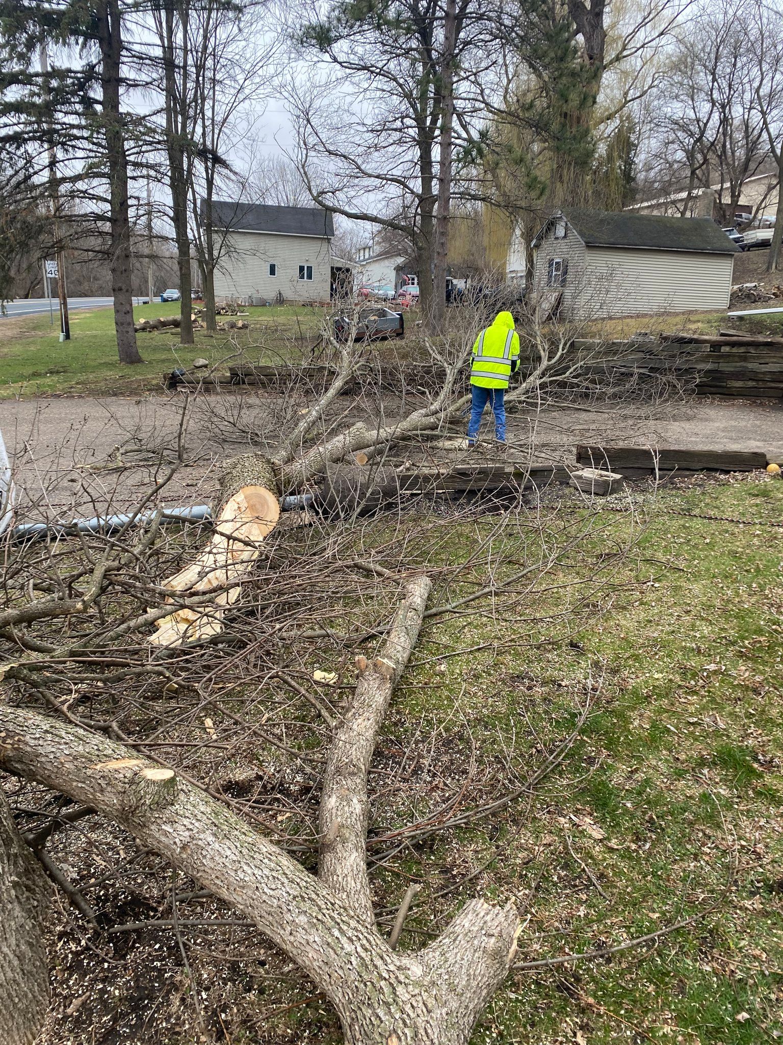 Person in yellow vest cutting fallen tree branches in a residential area.