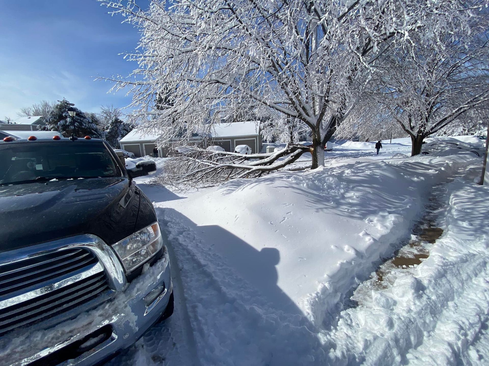Black pickup truck parked in snow-covered street with ice-covered trees and a person walking in the background.