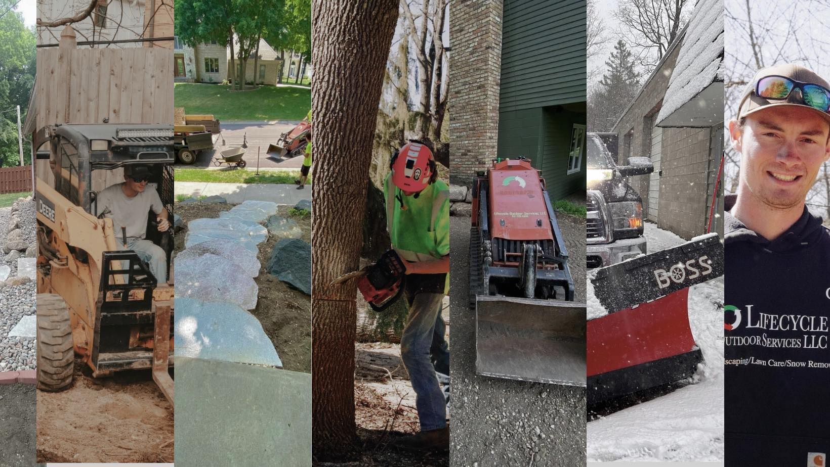 Workers operating equipment, including a skid steer and snow plow, near trees and buildings.