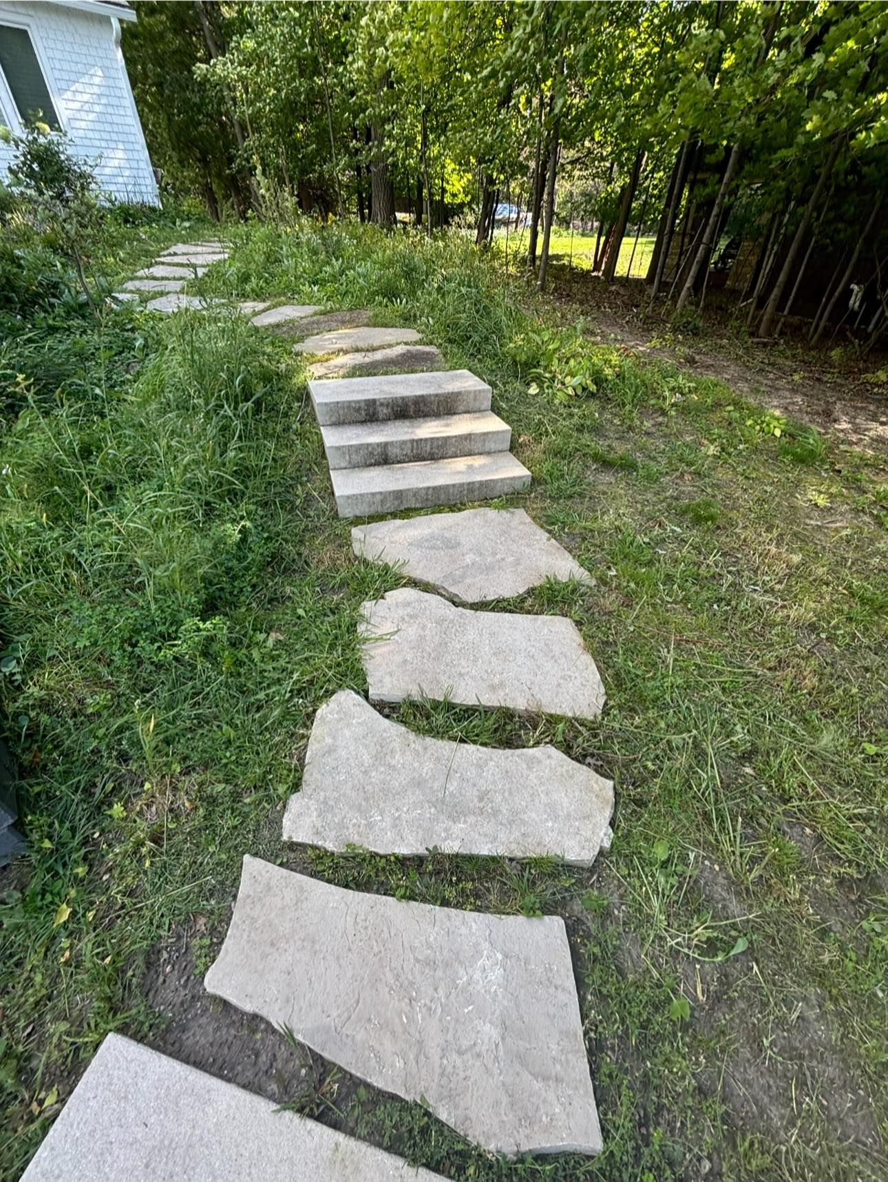 Stone pathway with steps ascending through green grass. White house visible.