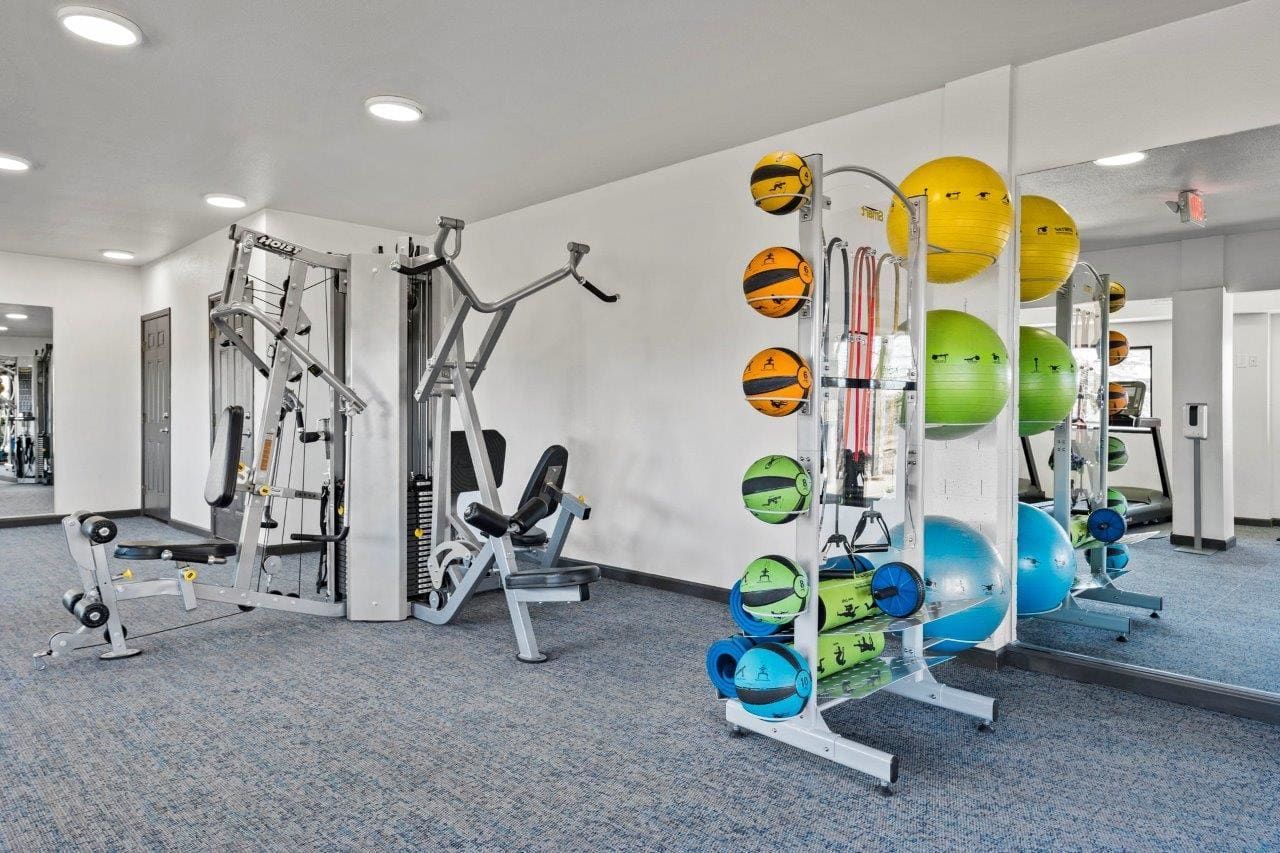 Ascent On Steamboat gym with a lot of exercise equipment and balls on display.