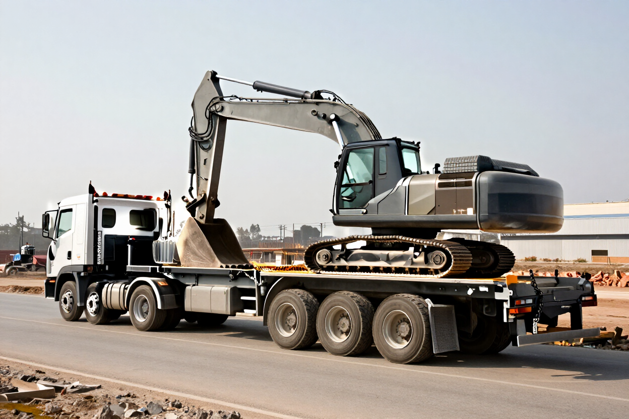 Cama baja transportando maquinaria