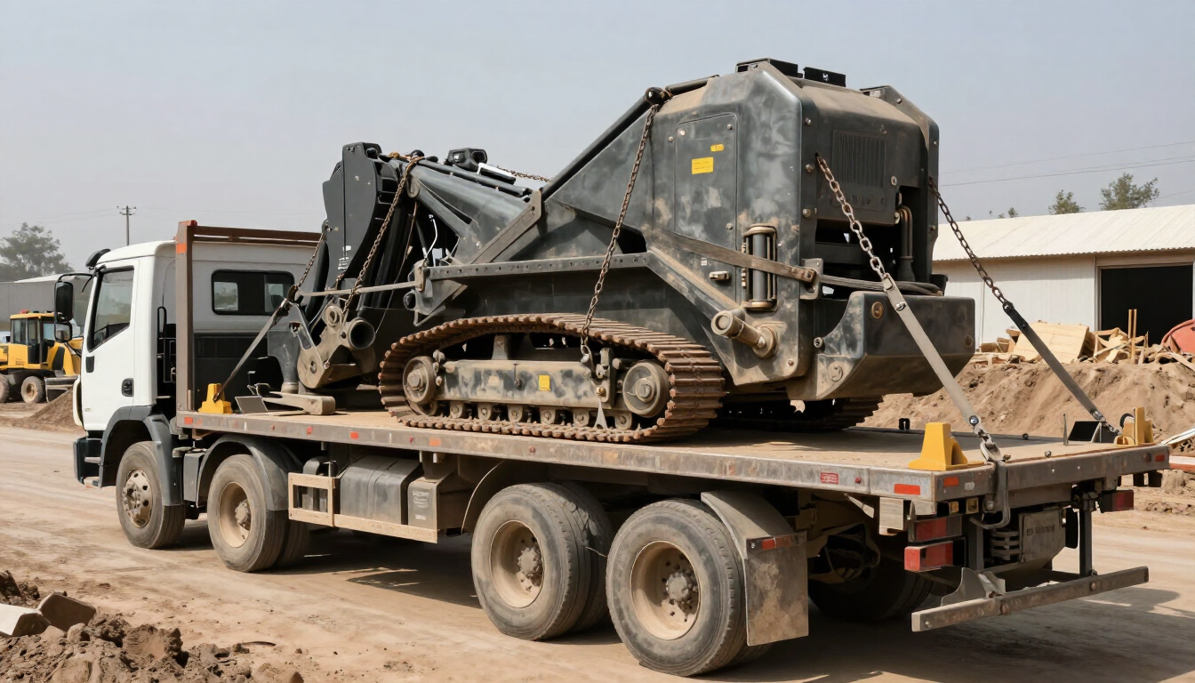 Camión transportando maquinaria pesada en una zona de construcción