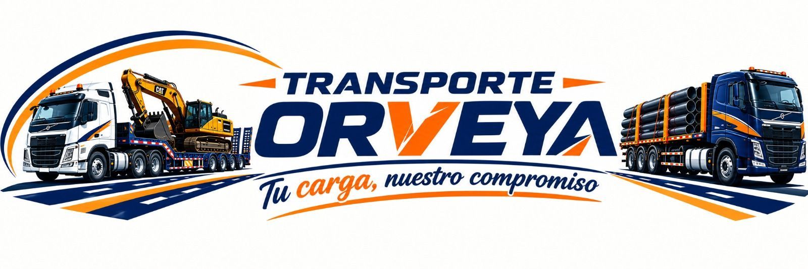 Logo corporativo de Transporte Orveya en azul marino y blanco, con símbolo de camión y escudo.