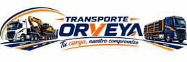 Logo corporativo de Transporte Orveya en azul marino y blanco, con símbolo de camión y escudo.