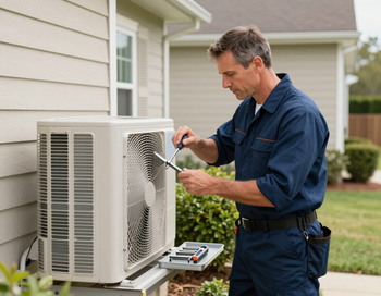 Técnico inspeccionando una unidad de aire acondicionado exterior con herramientas junto a una casa.