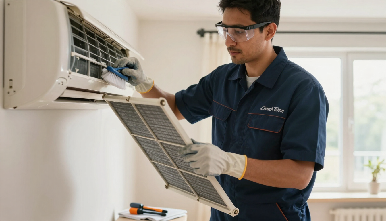 Técnico con guantes inspeccionando y retirando un filtro de aire acondicionado en el interior.