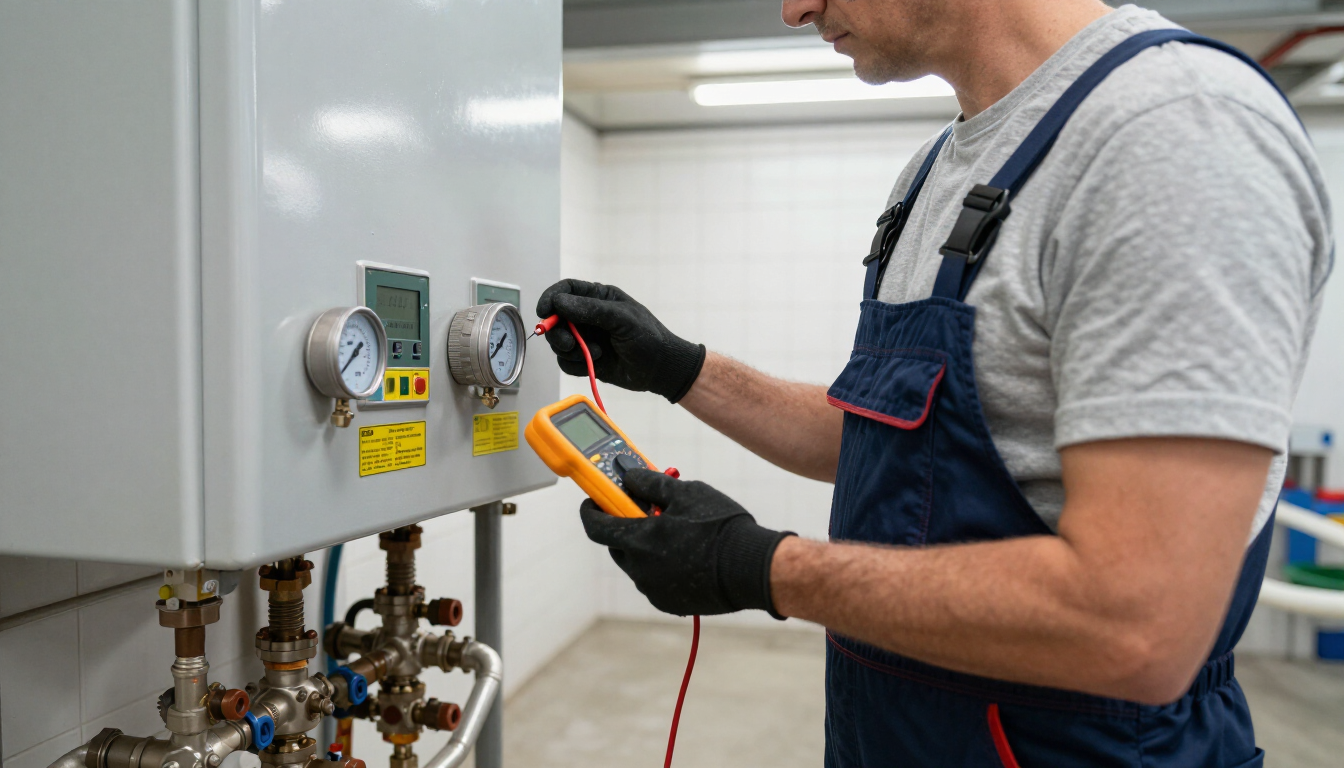 Técnico utilizando un multímetro para inspeccionar los controles eléctricos de una caldera.