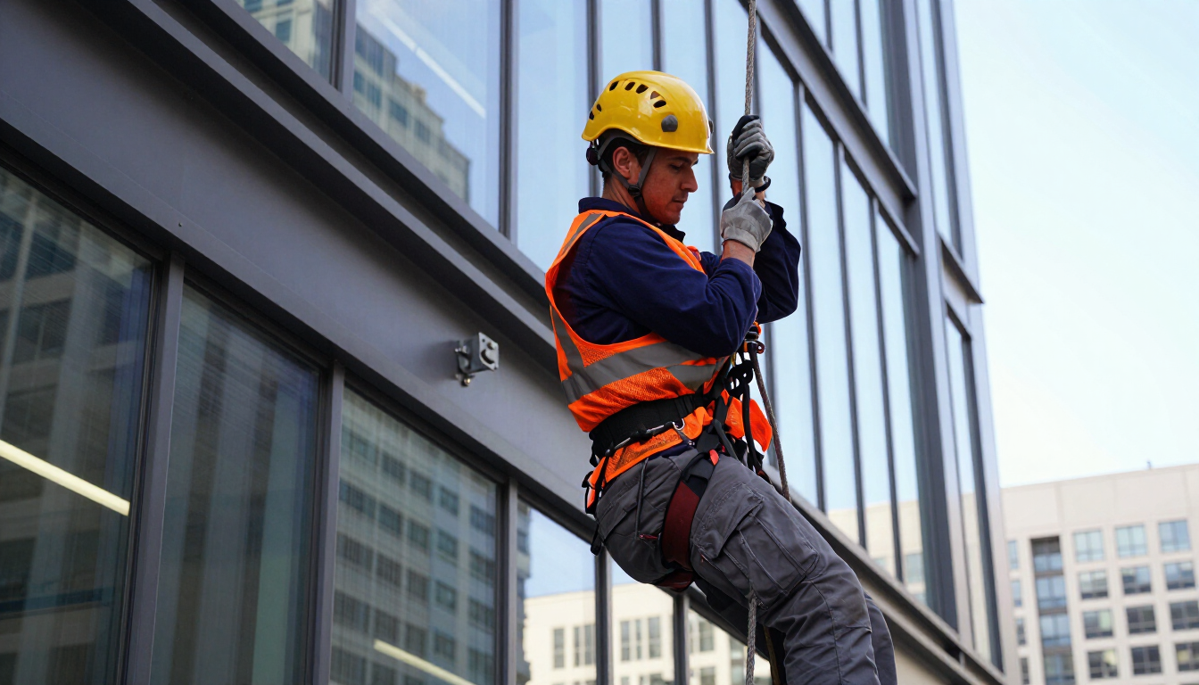 Un trabajador con equipo de seguridad naranja y casco amarillo desciende en rápel por un moderno edificio de cristal.