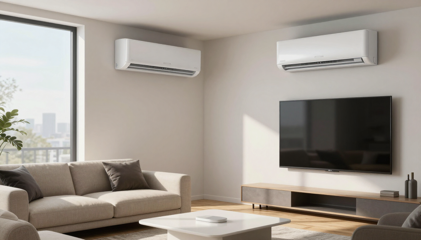 Sala de estar moderna con sofá, televisor montado en la pared, dos aires acondicionados y luz natural