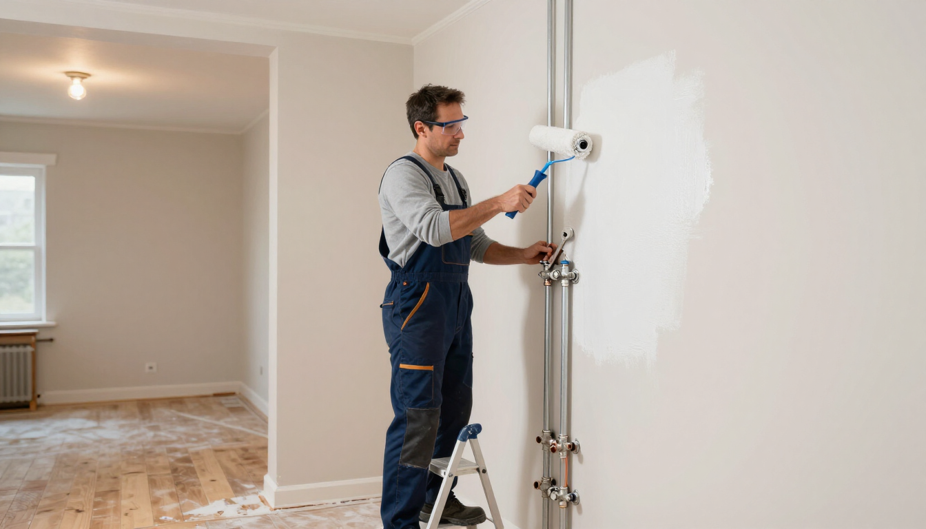 Un trabajador pinta una pared blanca con una pistola de pintura en una habitación vacía en obras.