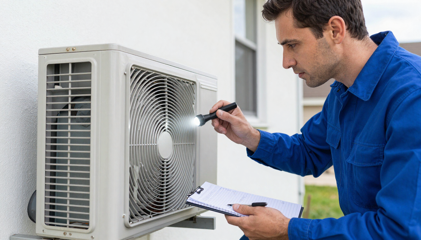Técnico con camisa de trabajo azul inspeccionando una unidad de aire acondicionado exterior