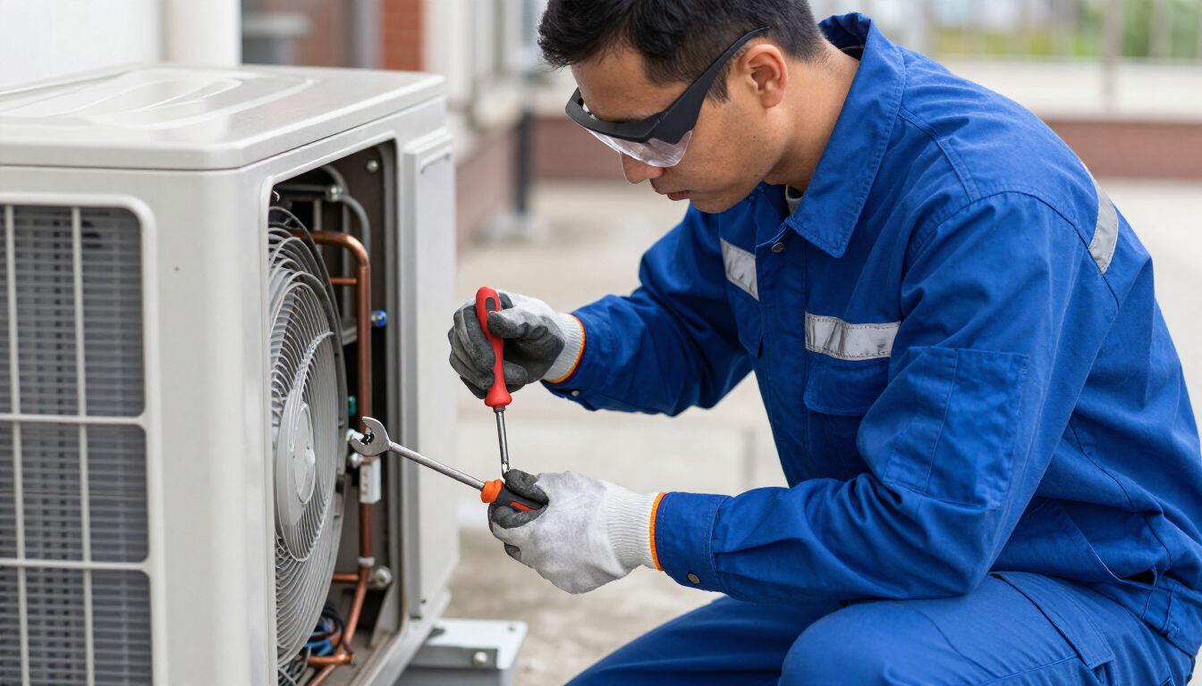 Técnico con mono azul reparando una unidad exterior de aire acondicionado con un destornillador.
