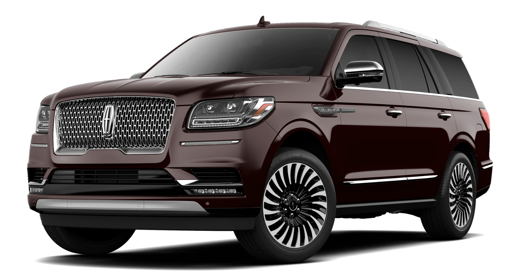 A maroon lincoln navigator is shown on a white background.