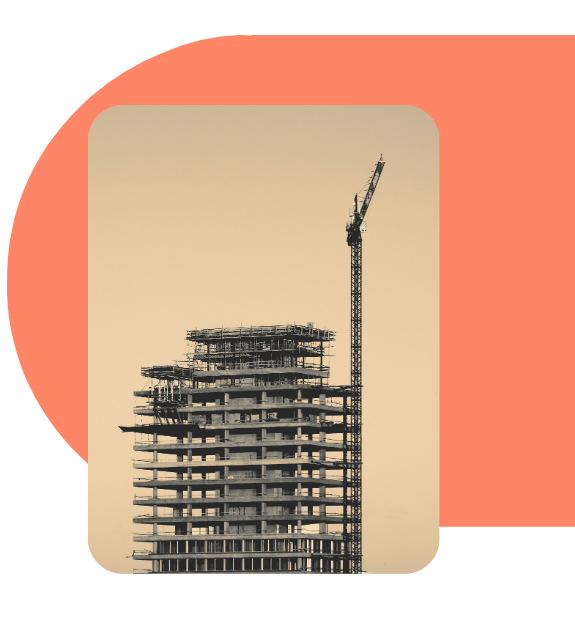 Building under construction with a crane, set against an orange shape.