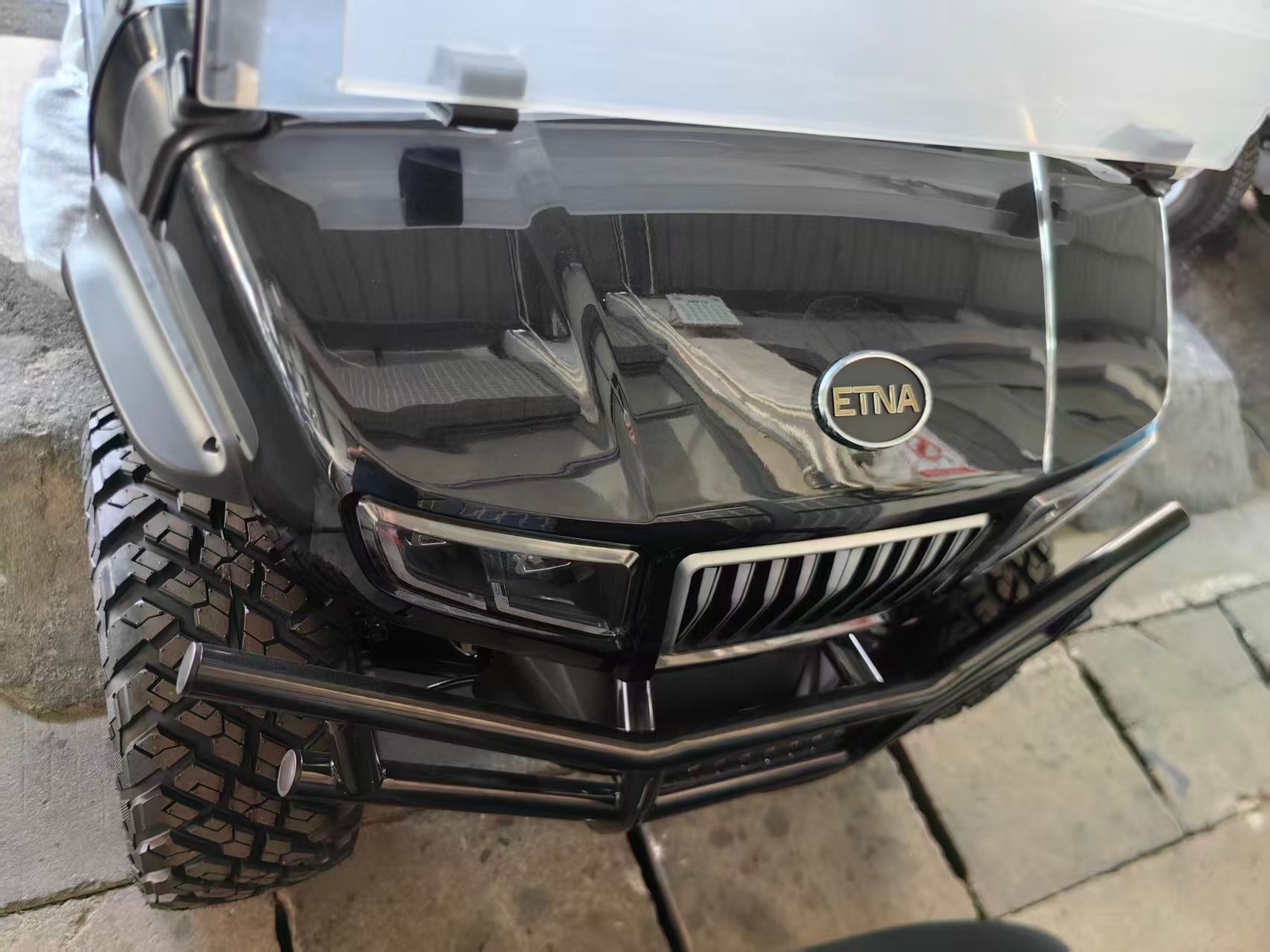 Black ATV front view with off-road tires, a bull bar, and "ETMA" logo on the hood.