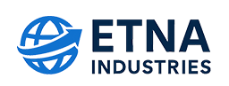 ETNA Industries logo with globe and upward arrow in blue.