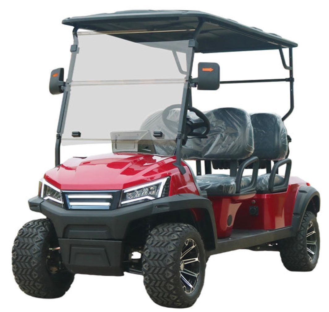 Red golf cart with off-road tires, a windshield, and a black roof.