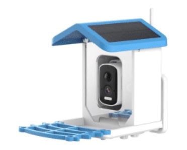 White and blue solar-powered birdhouse with a security camera inside.