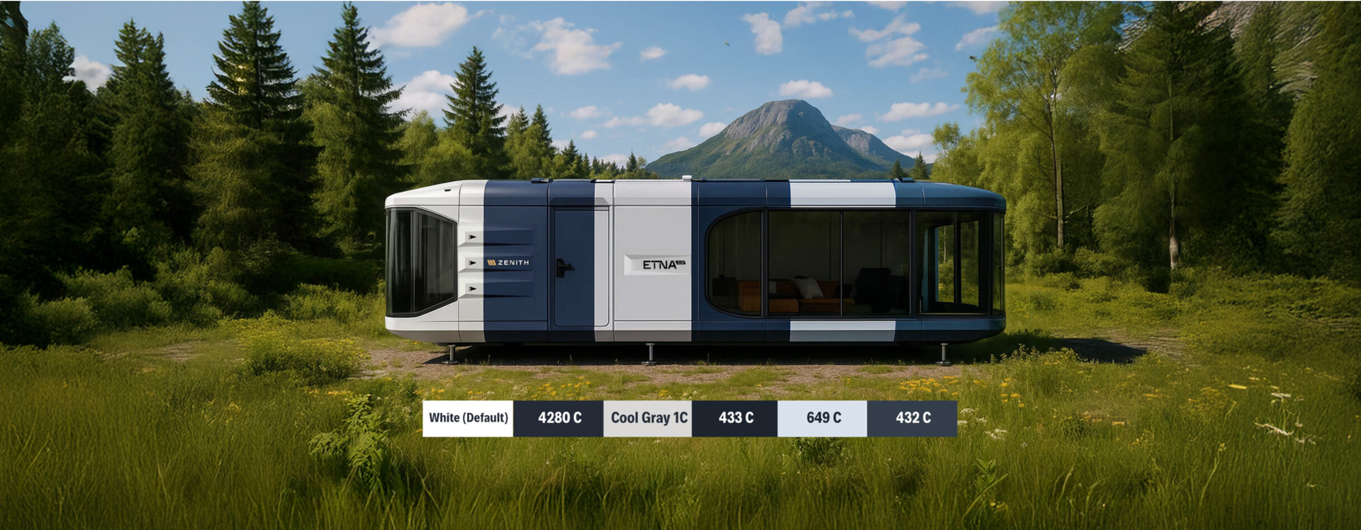 A modern cabin with large windows and a checkerboard facade sits in a grassy field with trees and a mountain in the background.