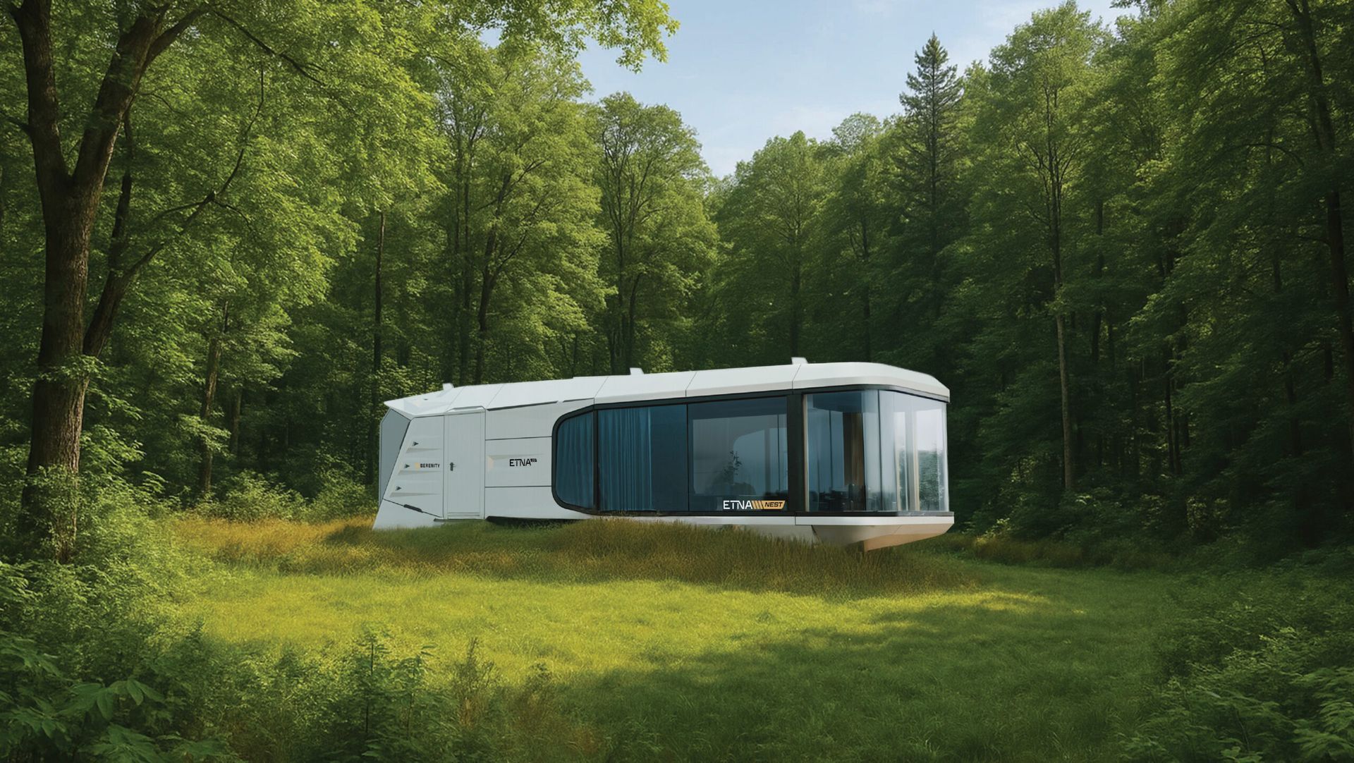 Modern white cabin with curved glass windows in a forest clearing.