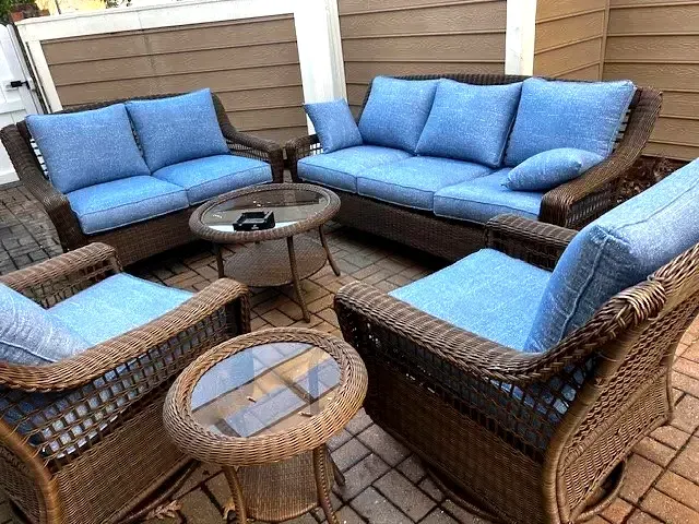 Charlottetown Ottoman with Aloe Green Outdoor Custom Cushions all on a white background