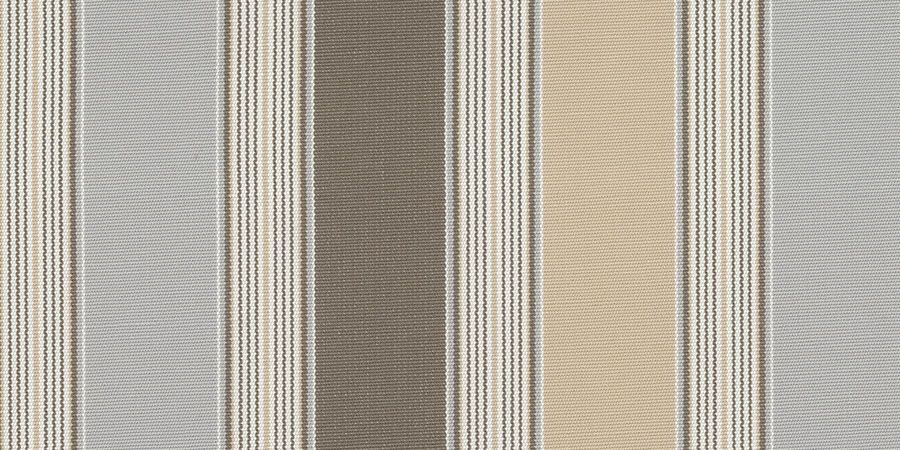 A close up of a striped fabric with a gray , beige and brown stripe.