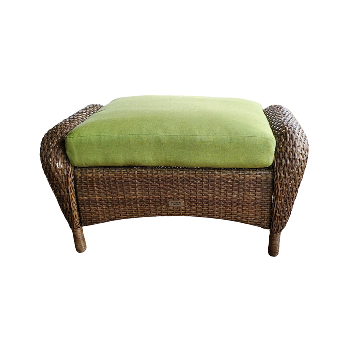 Charlottetown Ottoman with Aloe Green Outdoor Custom Cushions all on a white background