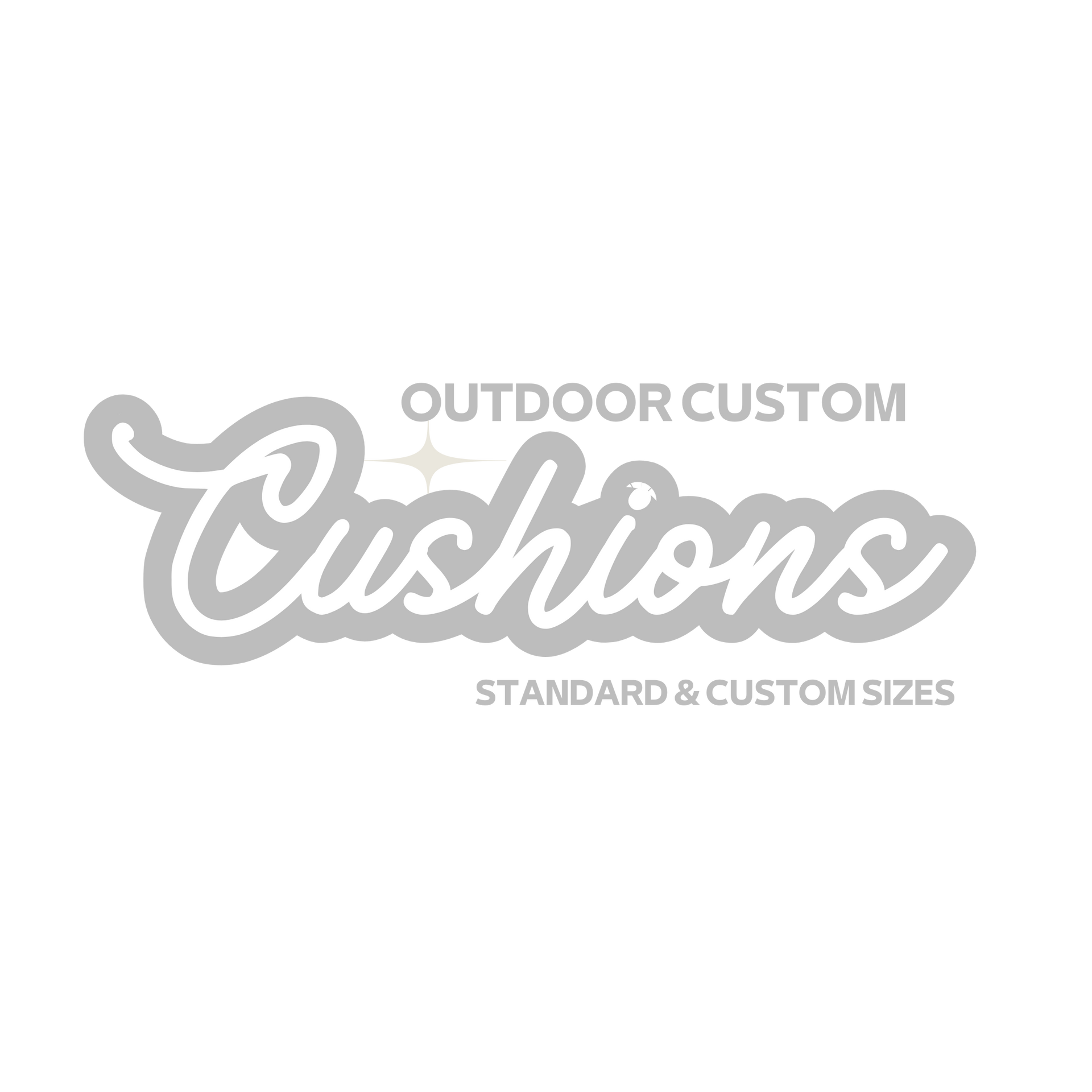 A logo for outdoor custom cushions standard and custom sizes.