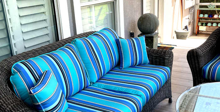 Lake Adela Patio Sofa with Striped Sunbrella Fabric Outdoor Custom Cushions