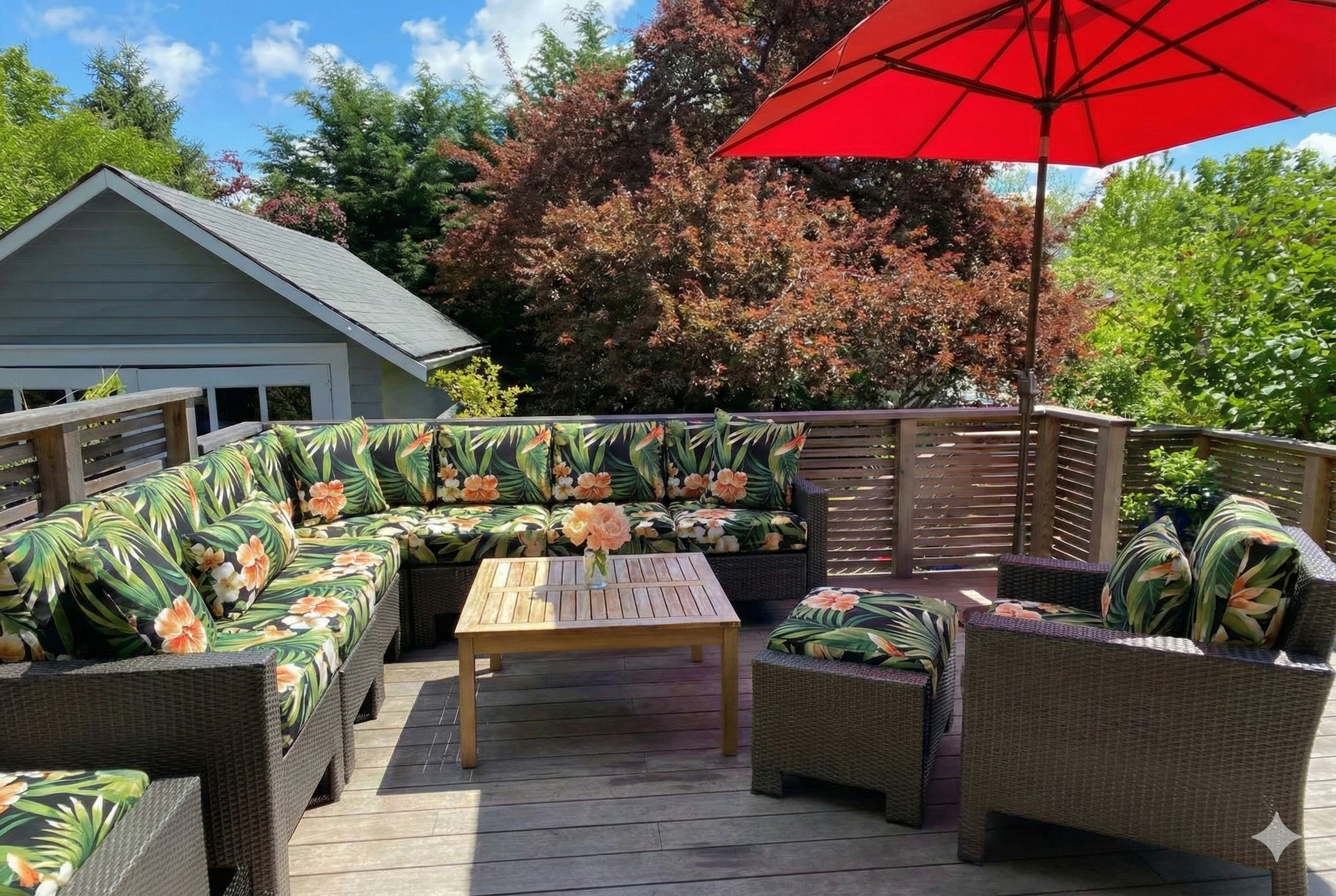 Outdoor deck with new floral cushions, red umbrella, wooden coffee table, and greenery.