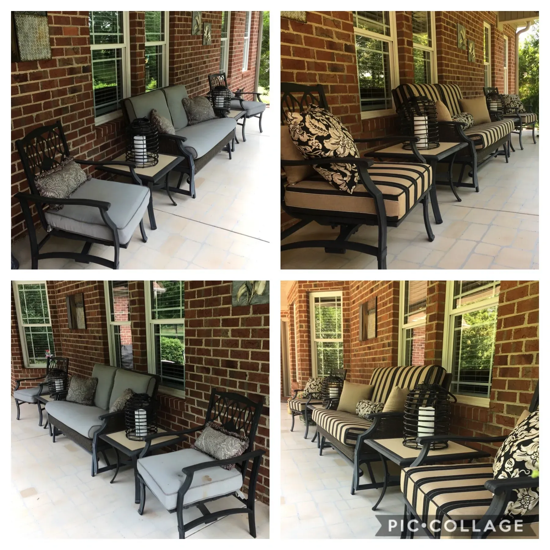 A collage of four pictures of a porch with furniture