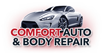 Comfort Auto & Body Repair logo with silver car and red text.