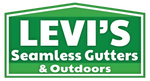 Green and white Levi's Seamless Gutters & Outdoors logo in a house-shaped frame
