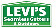 Green and white Levi's Seamless Gutters & Outdoors logo in a house-shaped frame