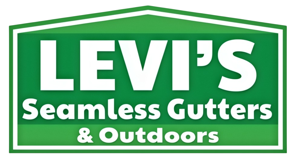 Green and white Levi's Seamless Gutters & Outdoors logo in a house-shaped frame