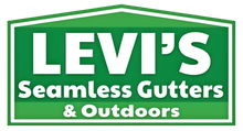 Green and white Levi's Seamless Gutters & Outdoors logo in a house-shaped frame
