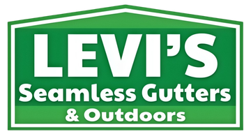 Green and white Levi's Seamless Gutters & Outdoors logo in a house-shaped frame