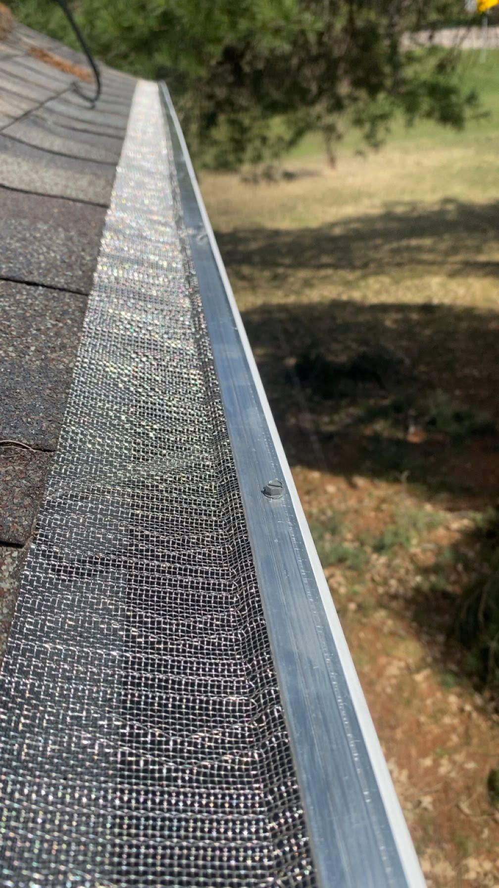 Close-up of a rooftop gutter and shingles, with trees and lawn in the background