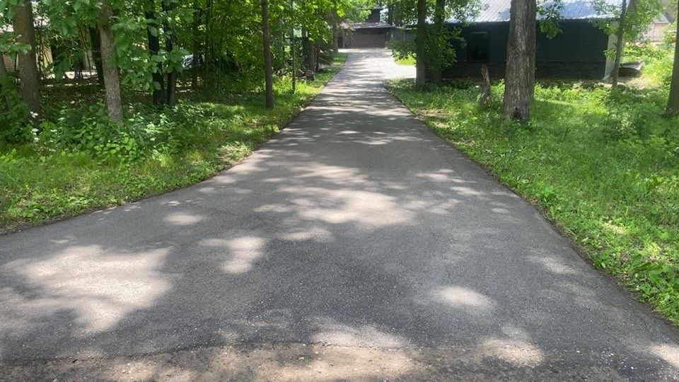 Curved paved park path with trees and greenery on both sides, leading toward a shaded area