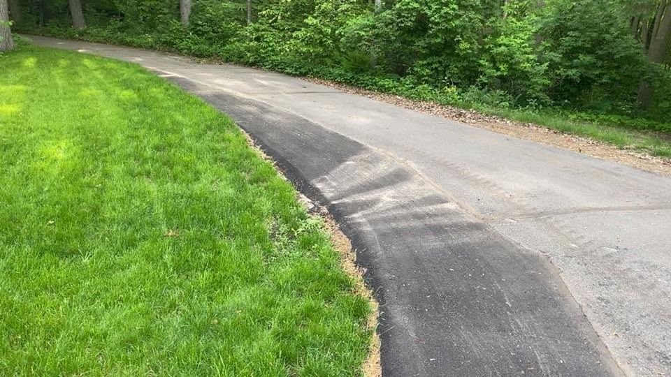 Curved asphalt road bordered by bright green grass and dense trees