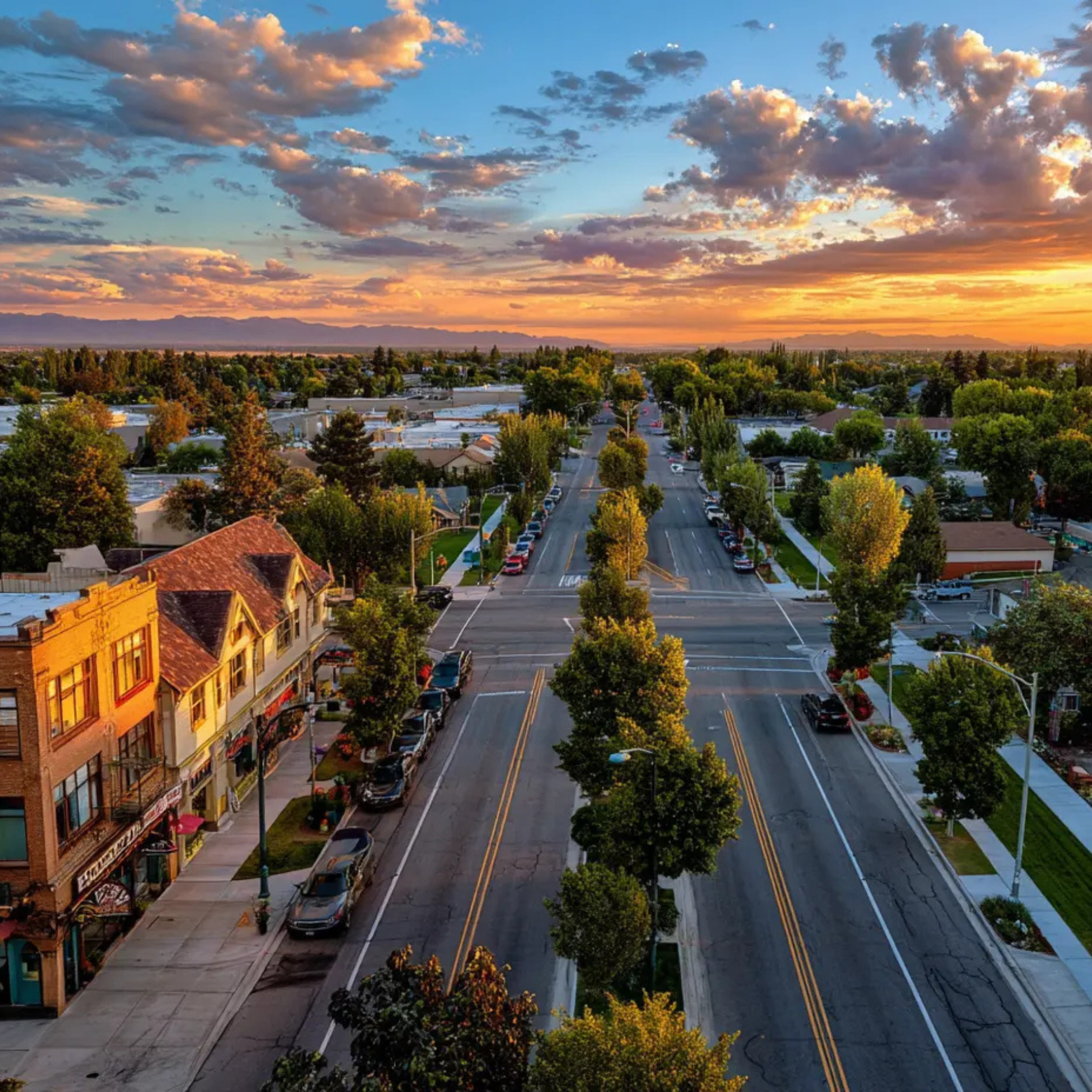 Boise Street lined with trees, cars, and buildings under a colorful sunset sky.