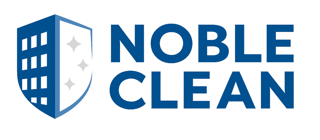 Logo for Noble Clean featuring a shield-shaped building icon with sparkles next to the blue text 