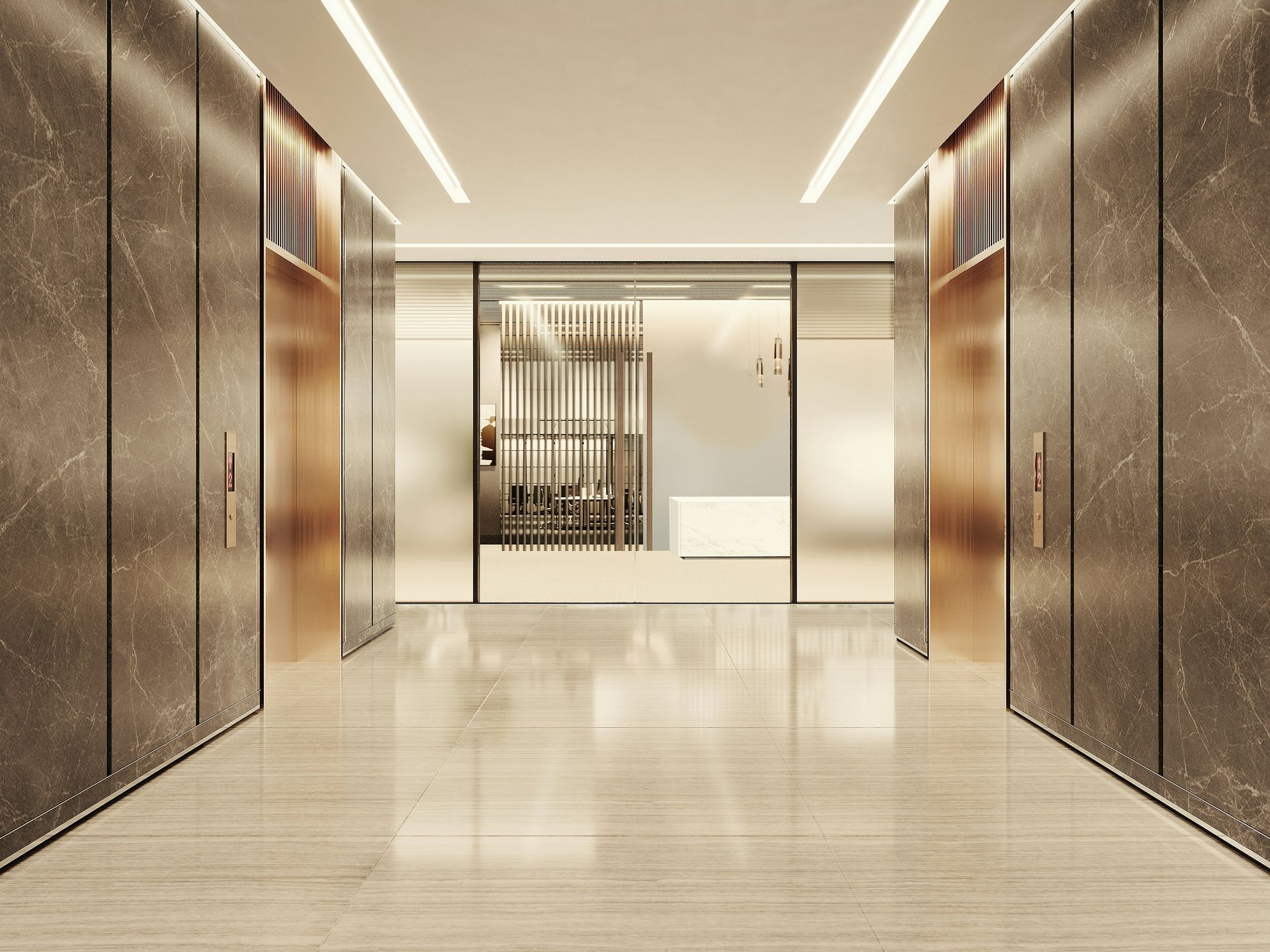 Hallway with marble walls, bronze accents, and a glass-enclosed waiting area at the end.