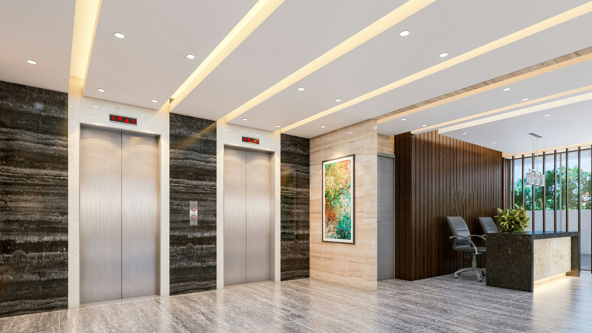 Two silver elevator doors in a lobby with marble floors and stone accent walls, with a reception desk to the right.