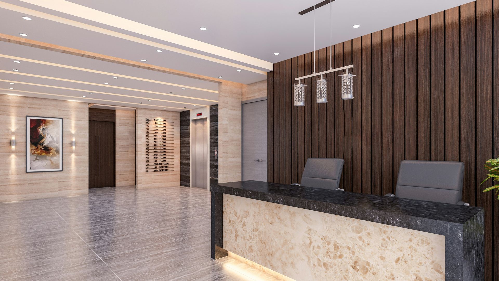 Lobby with reception desk, wood paneling, elevators, and art. The floor is shiny and reflective.