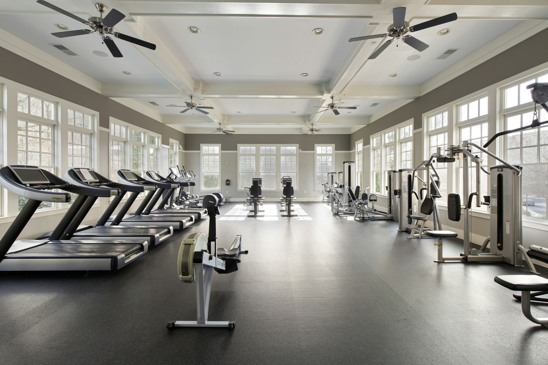 Gym interior with treadmills, weight machines, and ceiling fans. Natural light streams from large windows.