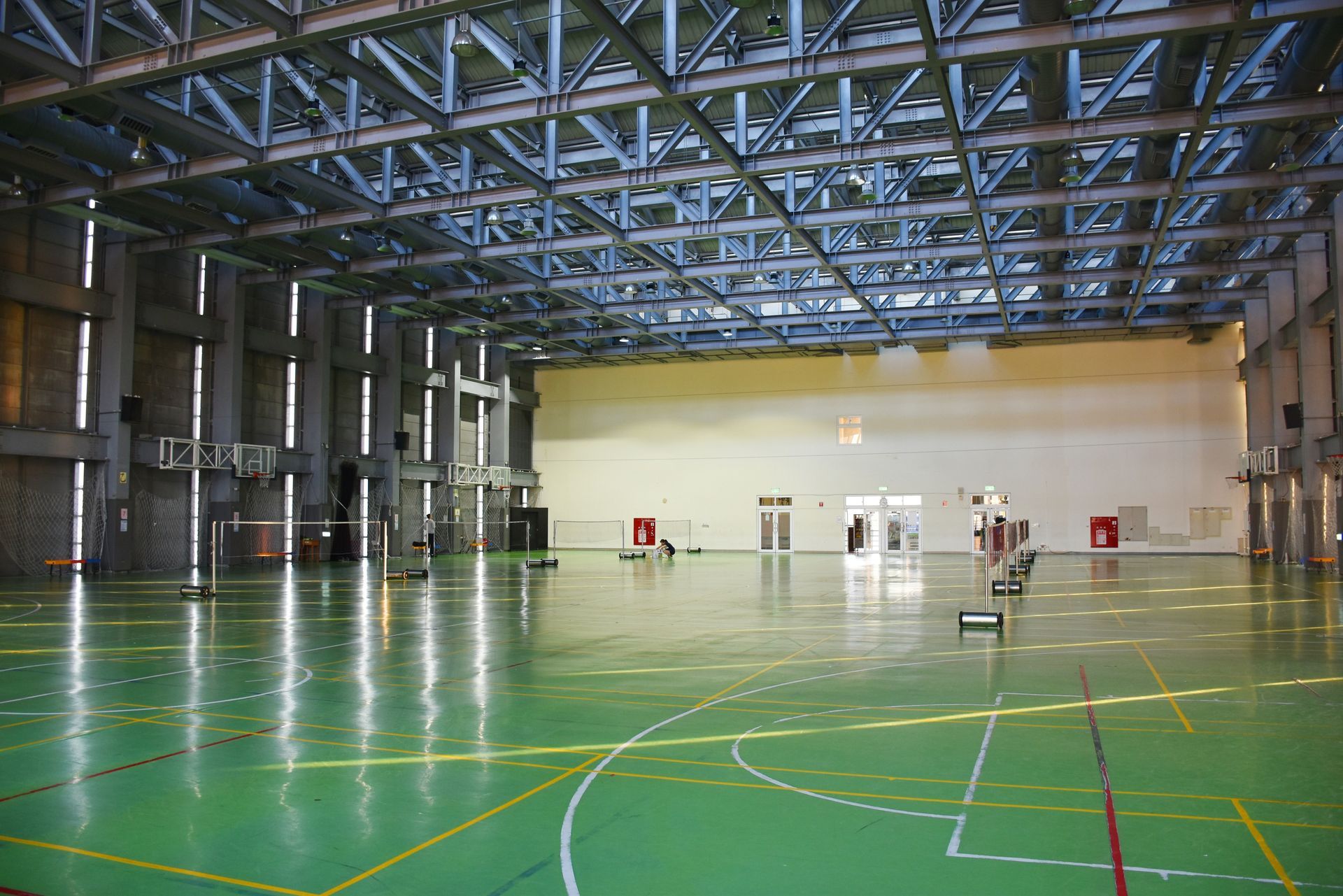 Indoor sports hall with green floor, basketball hoop, and metal ceiling structure.
